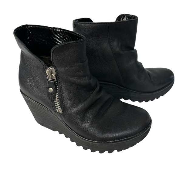 FLY London Leather Wedge Ankle Boots - Yoxi, Black, EU 36, US size 5.5 - Picture 2 of 11